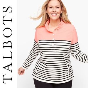 TALBOTS Colorblock Half Button Pullover Sweatshirt Welt Pockets Collar Sz Small